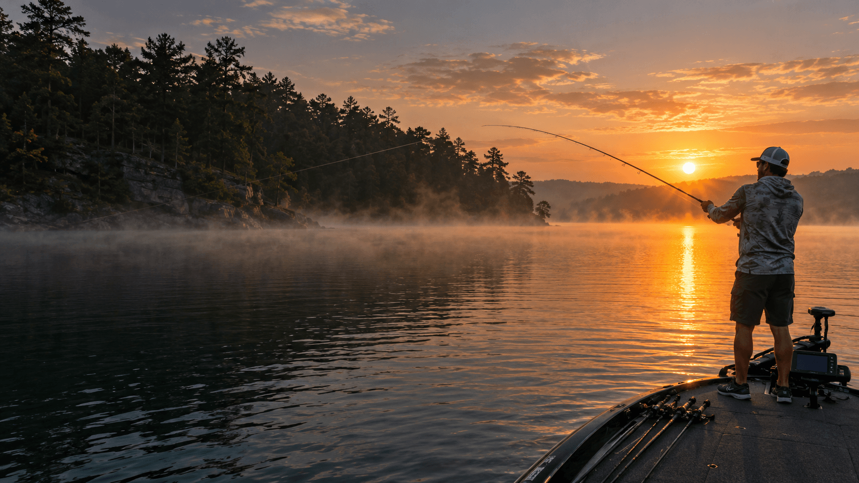 Freshwater angler fishing from a bass boat at sunrise.